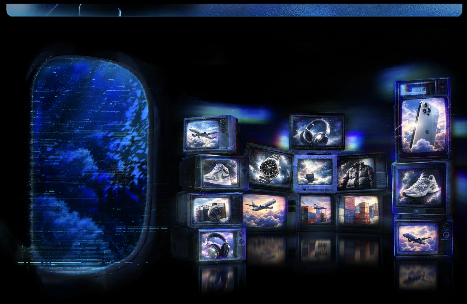 Universo Connect com produtos em televisores azuis